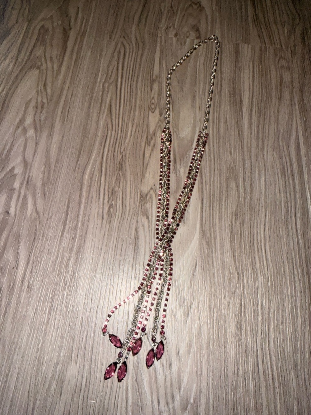 Layered silver Necklace with Pink Crystal Drops